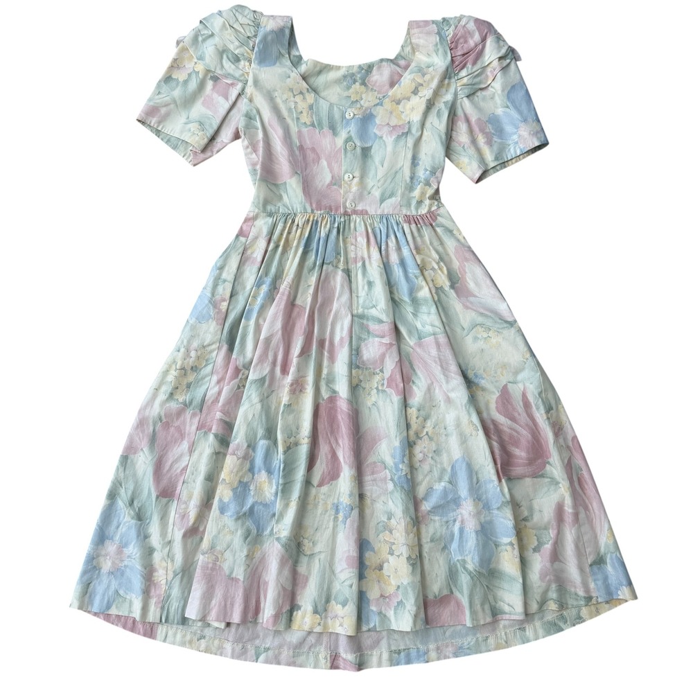 Lanz Petite 1980s Floral Midi Dress Puff Sleeve Bow Pastel 6 Multicolor cottage